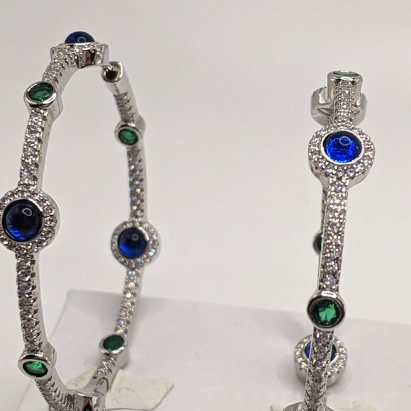 Blue/ Green Gemstone Hoop Earrings, Tennis Bracelet  Ring Matching set S. Silver - Picture 2 of 15